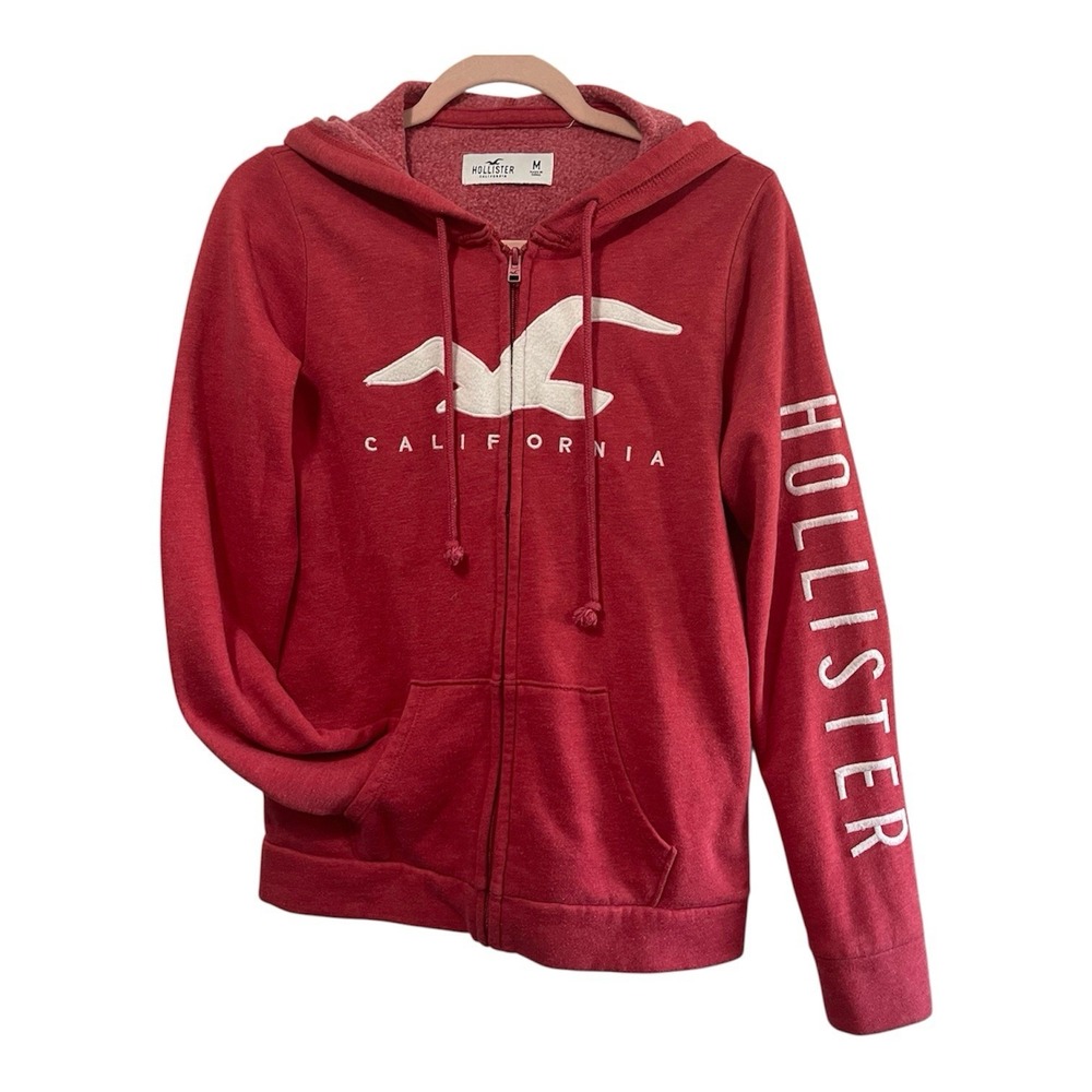 Hollister Full Zip Hoodie Womens M Red Sweatshirt Distressed